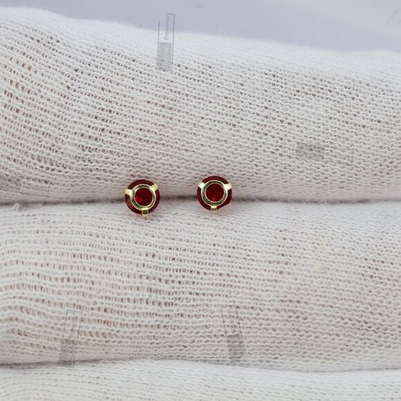 14K Solid Gold Red CZ Stud Earrings • Elegant Round Design • For Women & Girls. - Picture 7 of 8